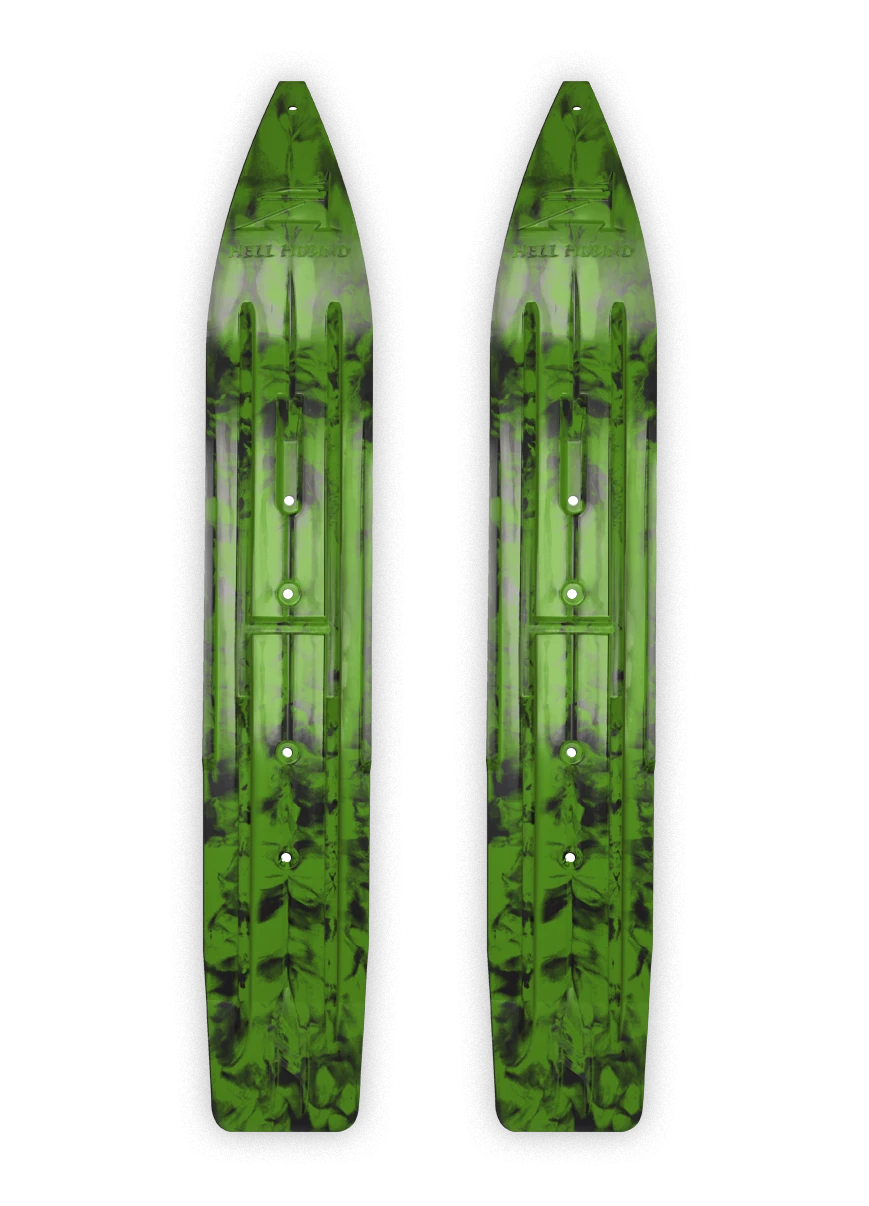 Pair Of Black/Green Multi Color Swirl Slydog Hell Hound 7-1/4" Snowmobile Skis