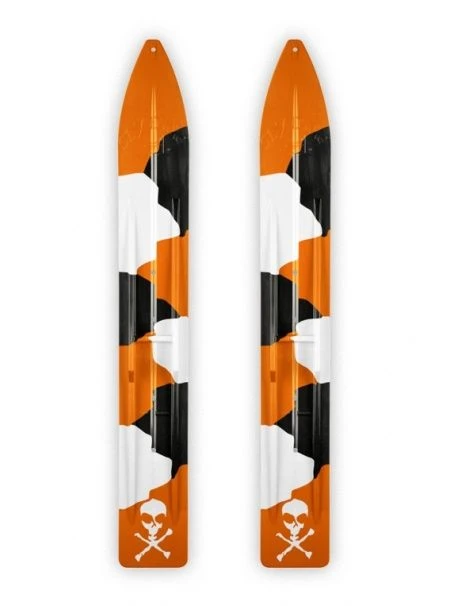 Pair Of Orange/Black/White Camo Slydog Trail 6" Snowmobile Skis W/ White Skull